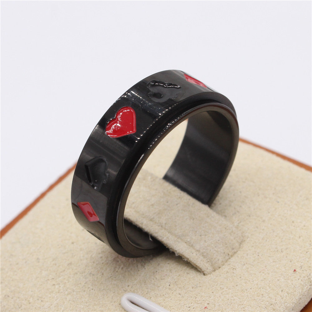 Spades, Hearts, Plum Blossoms Square Playing Card Pattern Titanium Steel Rotating Ring Cross border Jewelry