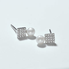 Full Zircon Square with Freshwater Pearl Silver Stud Earrings for Women