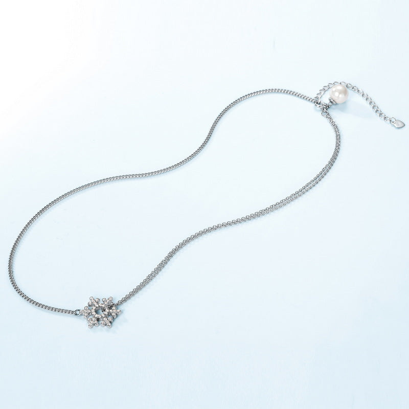 Zircon Snowflake Tassel Round Pearl Sterling Silver Necklace