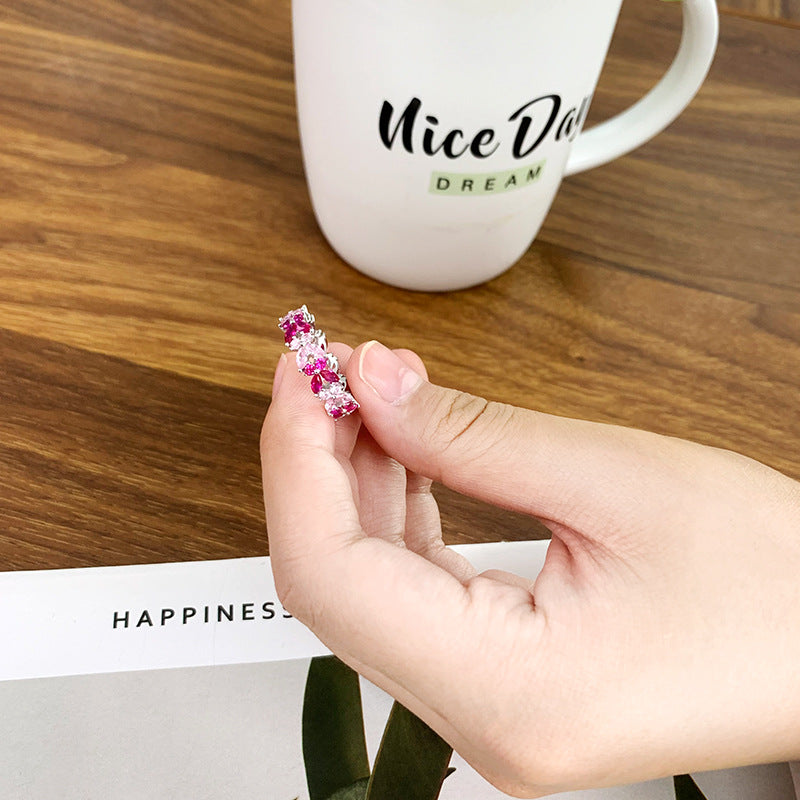 Barbie Pink Zircon Four Leaf Clover Silver Ring for Women