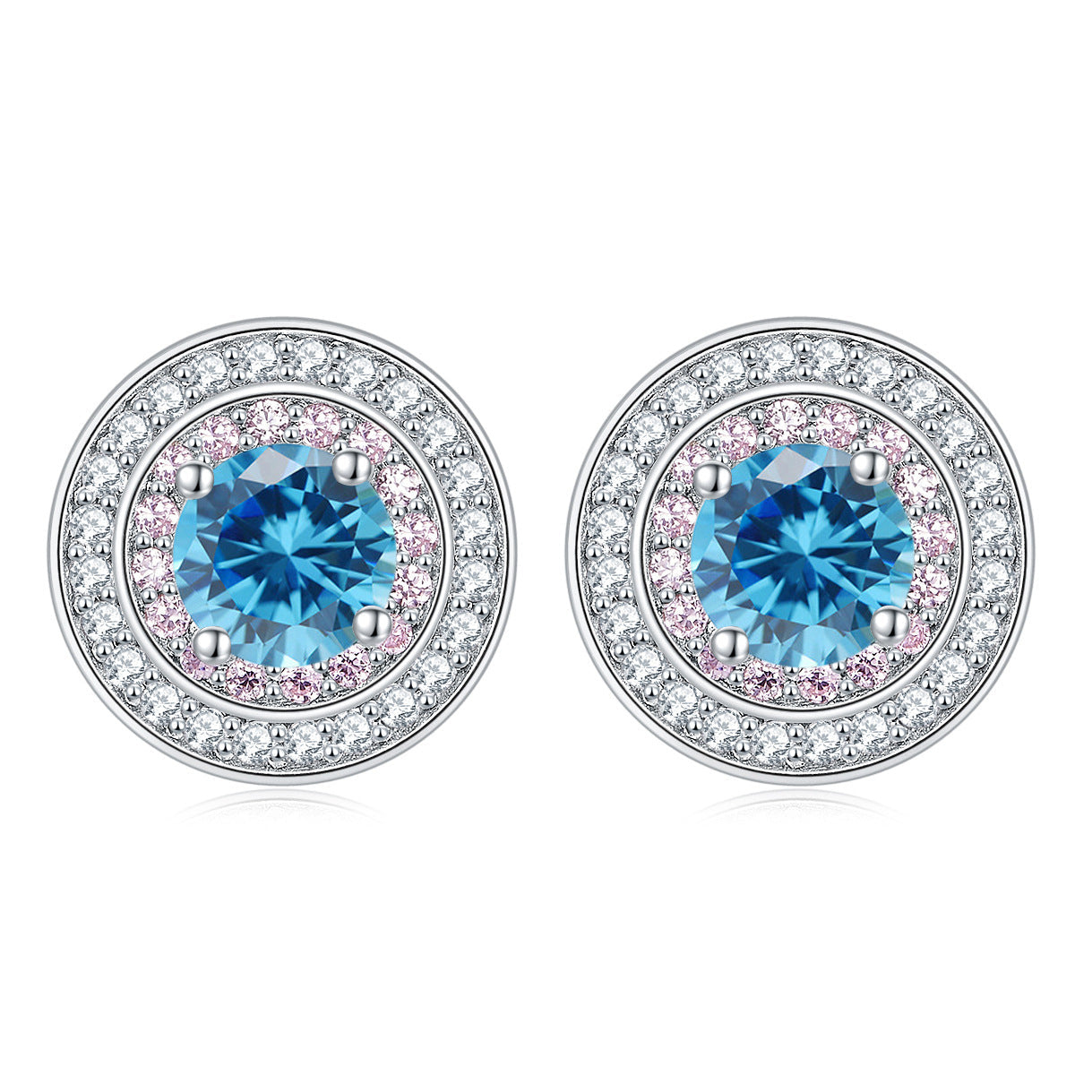 Round Zircon Soleste Halo with Pink Zircon Silver Studs Earrings for Women