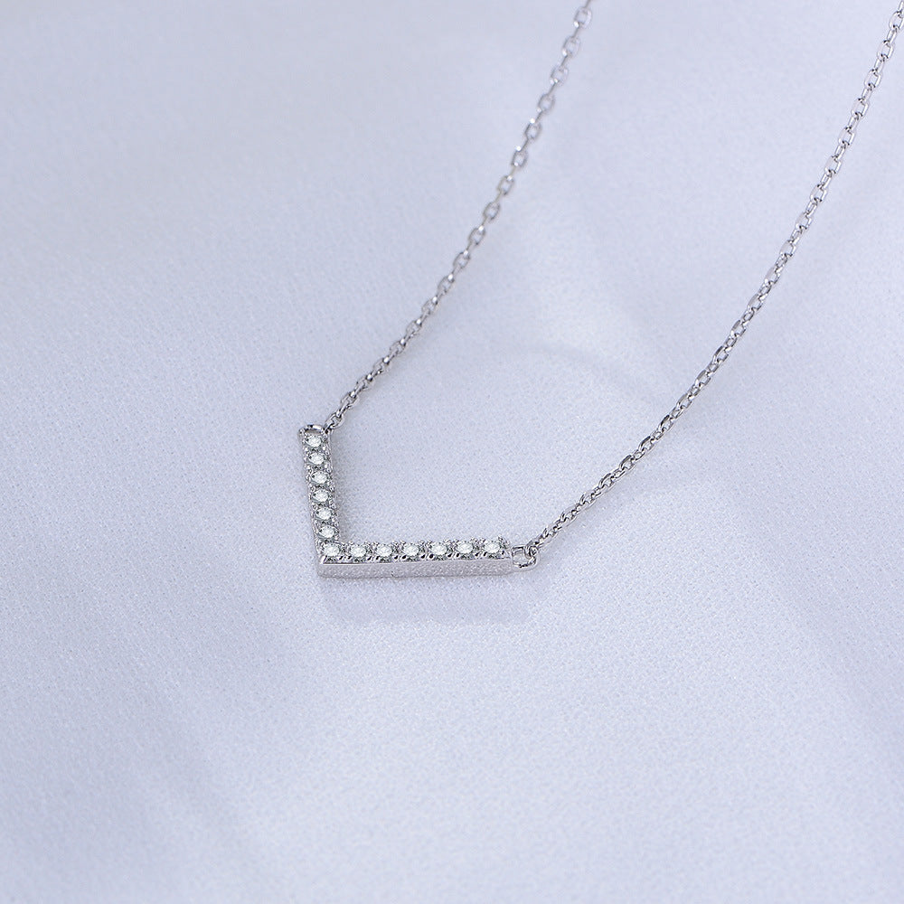 White Zircon V-shaped Sterling Silver Collarbone Necklace for Women