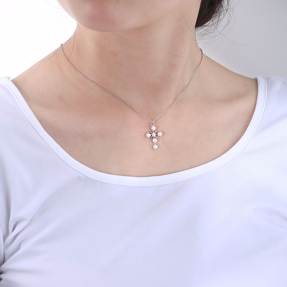 Pearl Cross Pendant Sterling Silver Necklace for Women