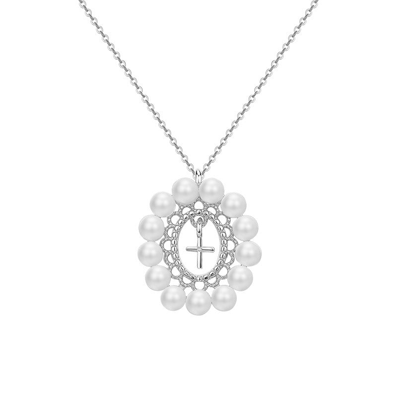 Pearl Circle with Cross Pendant Silver Necklace for Women