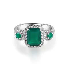 Natural Green Agate Personalized Emerald Shape Soleste Halo Sterling Silver Ring for Women