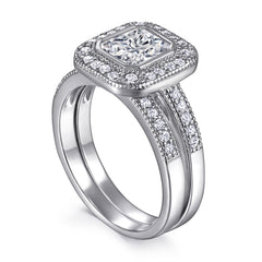 Princess Cut Zircon Soleste Halo with Half Eternity Silver Ring Set