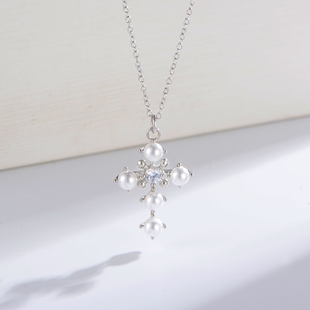 Pearl Cross Pendant Sterling Silver Necklace for Women