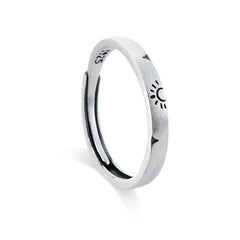 Sun Moon Pattern Brushed Finish Silver Couple Ring