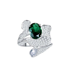 Oval Cut Lab Created Emerald Waves Silver Ring