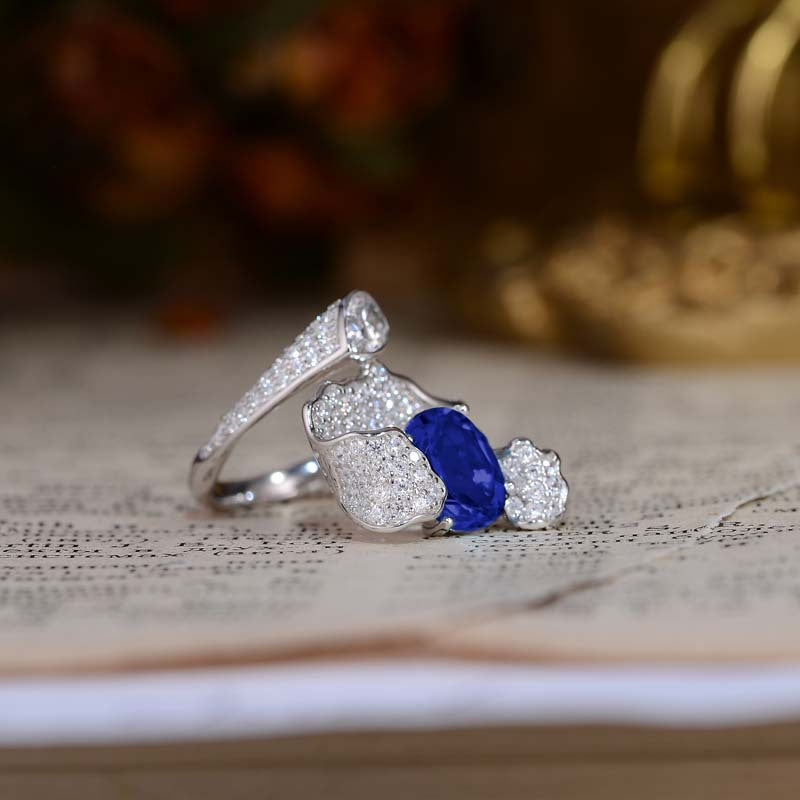 Oval Cut Lab Created Sapphires Waves Silver Ring