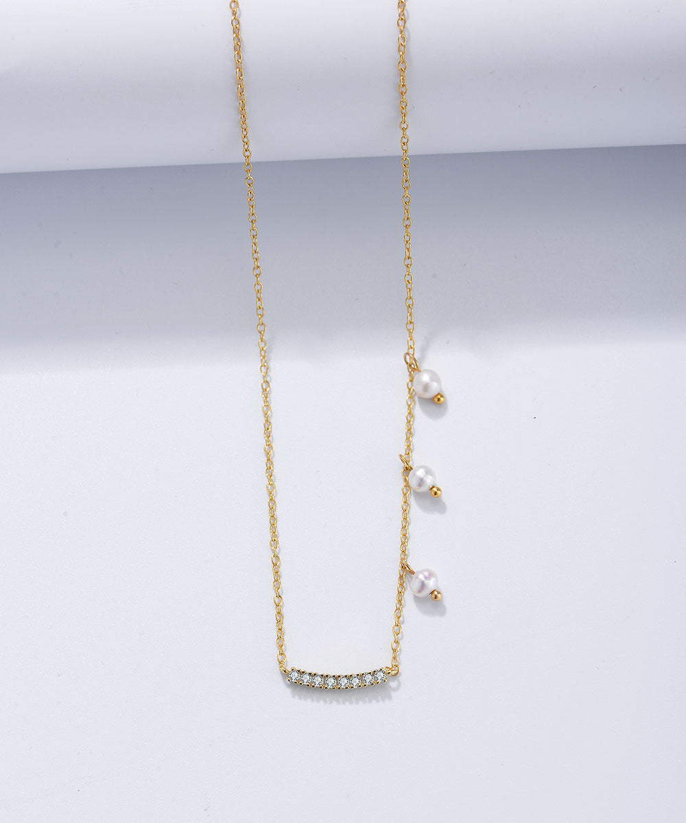 Plated 14K Gold with Pearl and Zircon Silver Necklace for Women