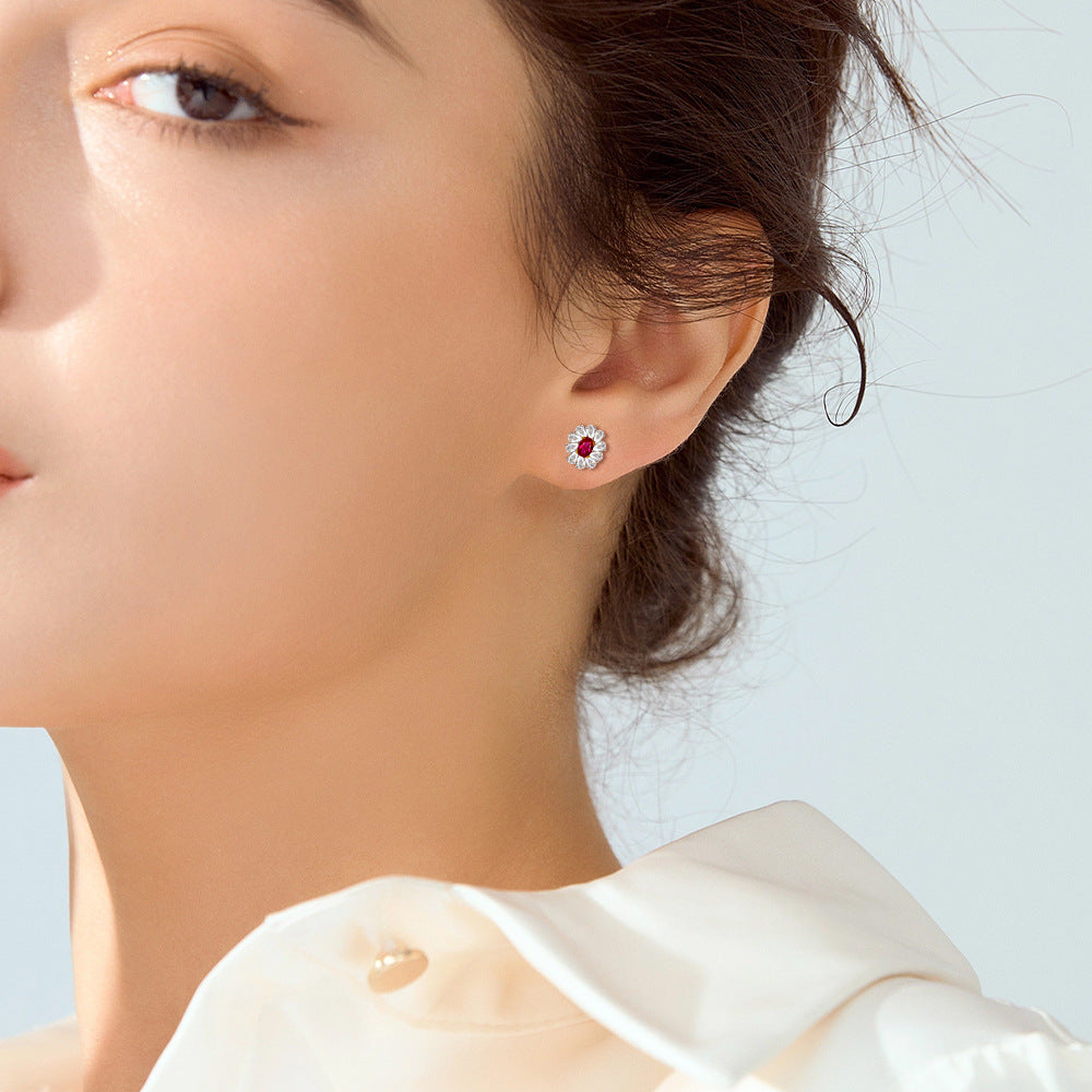 Oval Purple Zircon Flower Shape Silver Studs Earrings for Women