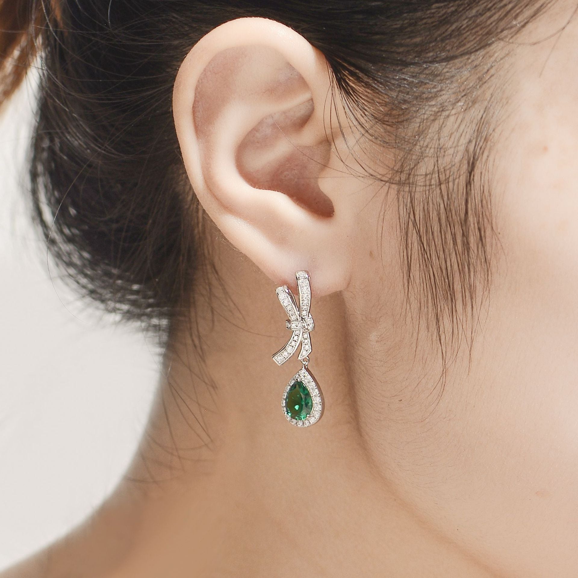 Lab Created Emerald 6*8mm - Platinum Plated - Drop Silver Earring for Women