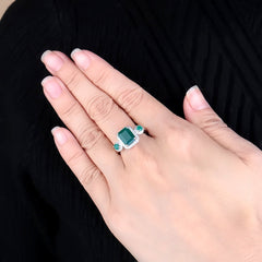 Natural Green Agate Personalized Emerald Shape Soleste Halo Sterling Silver Ring for Women