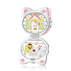 Pink Cat Box Open and Close Silver Pendant