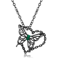 Hollow Butterfly Heart Shape Pendant with Green Zircon Silver Necklace