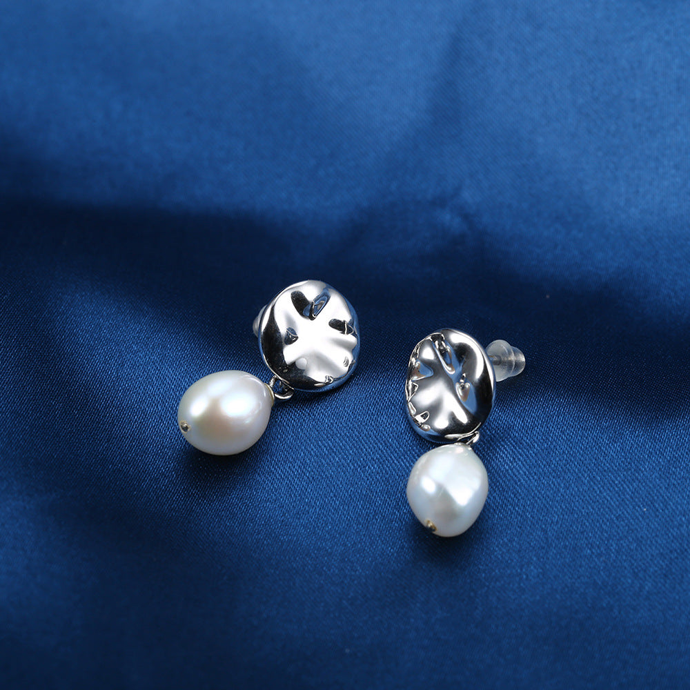 Irregular Shape with Pearl Silver Drop Earrings for Women