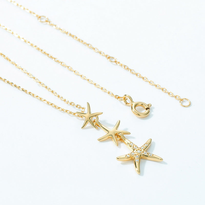 Three Starfish Pendant Zircon Sterling Silver Necklace