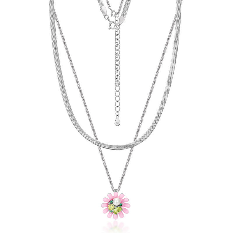 Sweet Pink Daisy Flower Zircon Pearl Double Layers Sterling Silver Necklace