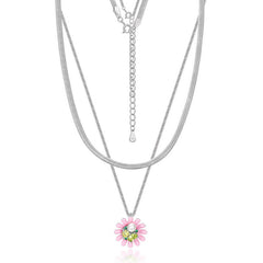 Sweet Pink Daisy Flower Zircon Pearl Double Layers Sterling Silver Necklace