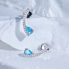 Sea Blue Pear Shape Zircon Arc Shape Sterling Silver Stud Earrings