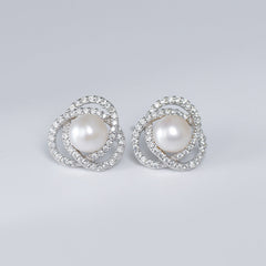 Zircon Circling with Freshwater Pearl Silver Stud Earrings for Women