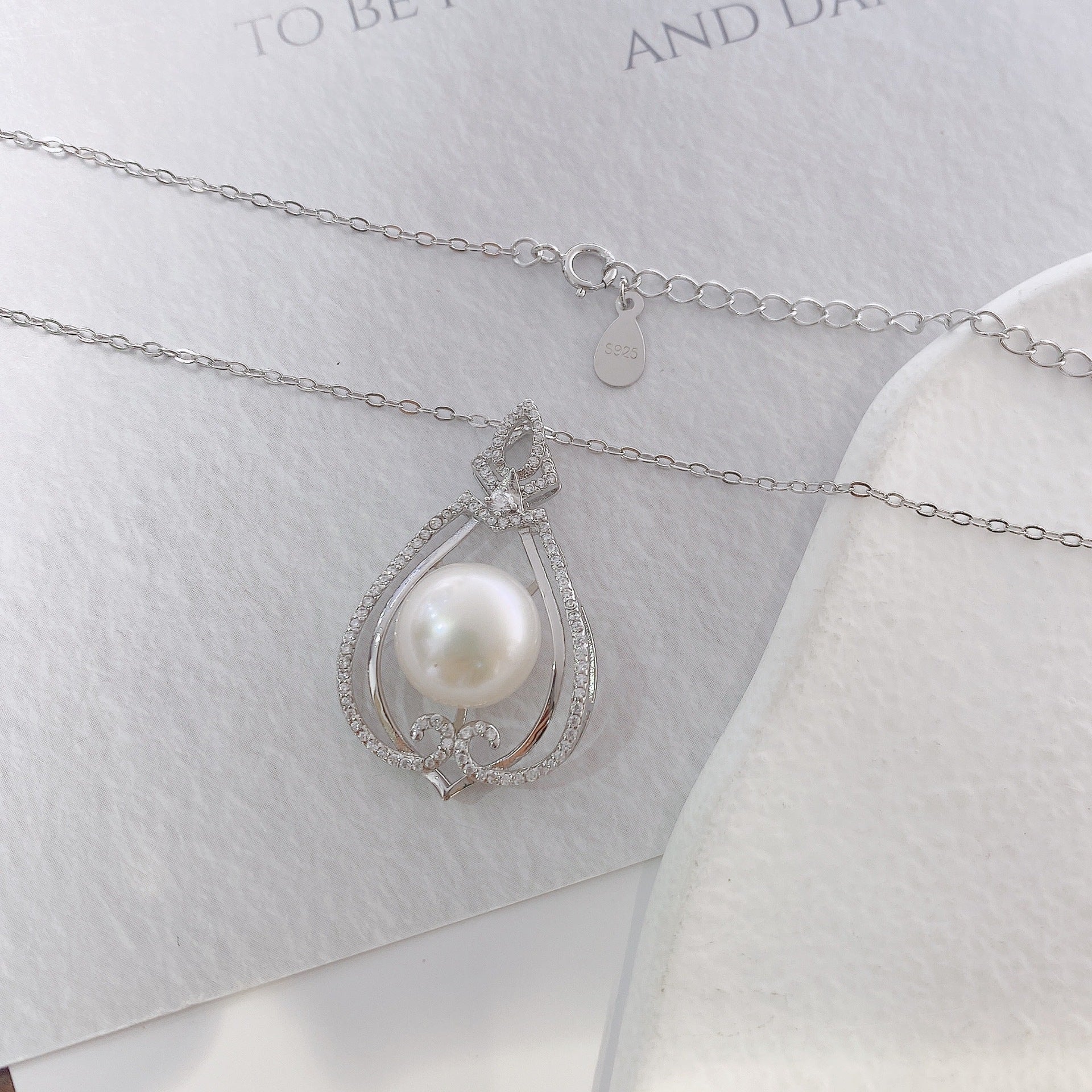 Hollow Pear Drop Shape with Round Natural Pearl Pendant Silver Necklace for Women