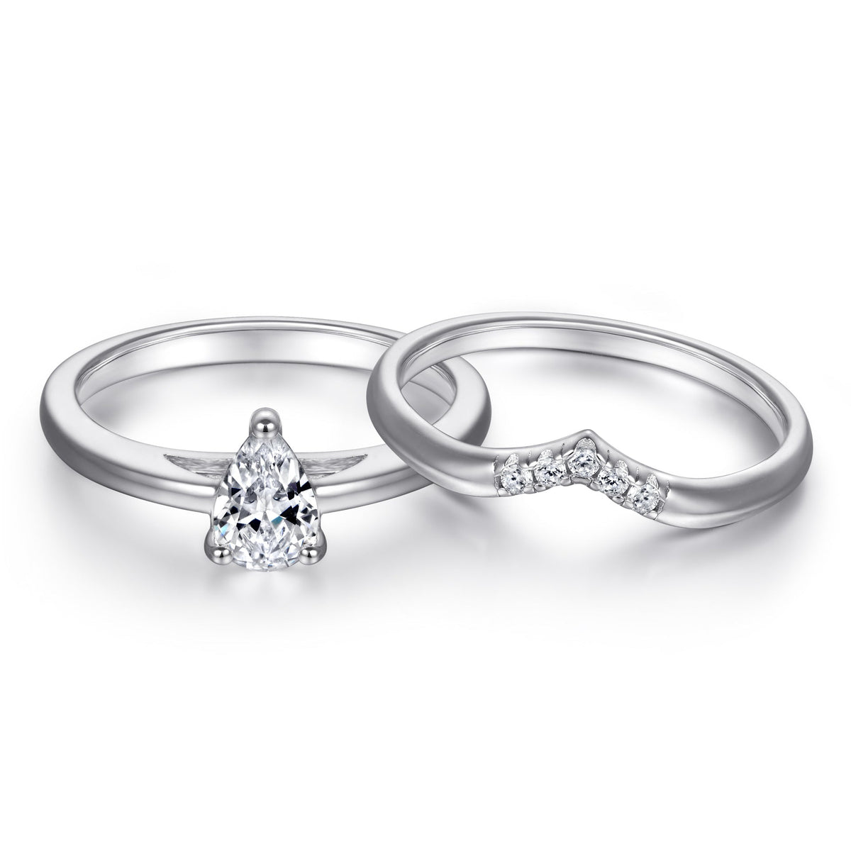 Pear Drop Zircon Solitaire V-shape Silver Ring Set
