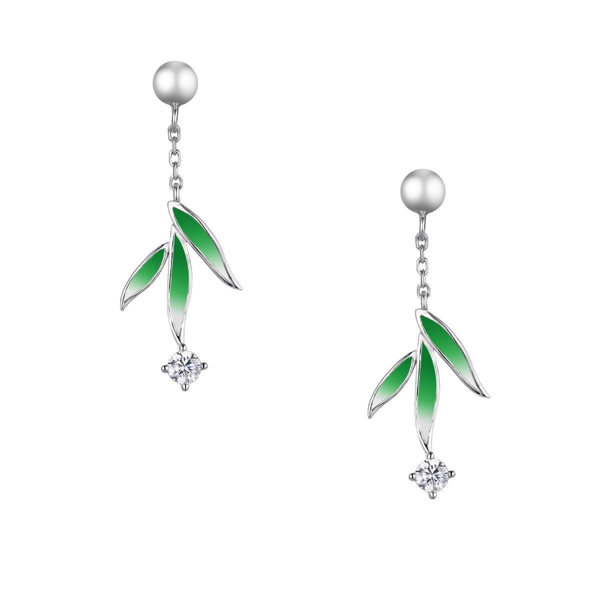 Gradient Bamboo Leaf with Zircon and Pearl Silver Drop Earrings for Women