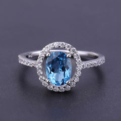 (1.5CT) Natural Topaz Soleste Halo Oval Sterling Silver Ring for Women