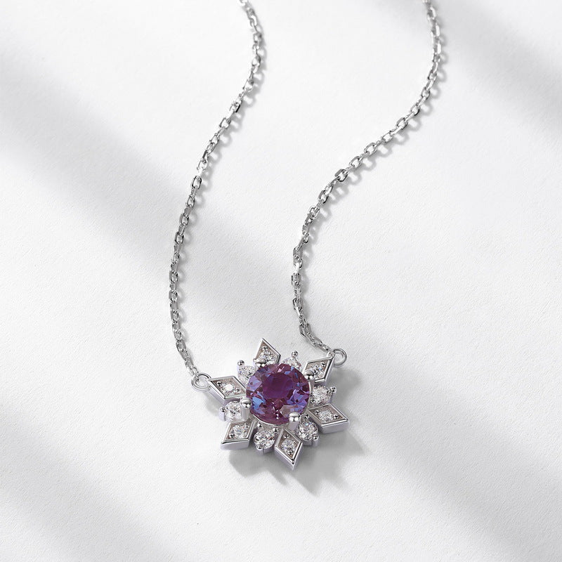 Synthetic Alexandrite Stone Snowflake Pendant Zircon Sterling Silver Necklace