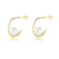 Single Pearl Geometric C-shaped Silver Studs Earrings for Women