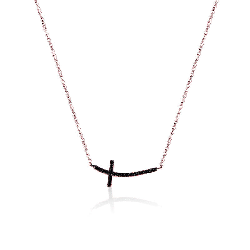 Zircon Curved Cross Silver Necklace