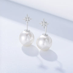 Ball Pearl with Star Zircon Silver Drop Earrings for Women