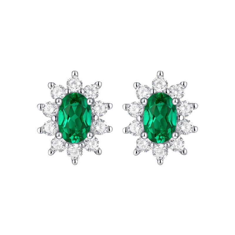 1.0Carat Oval Lab-Created Emerald Stone Flower Stud Earrings