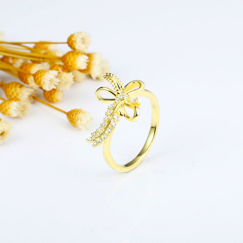 Wheat Leaf Bow with Zircon Silver Ring