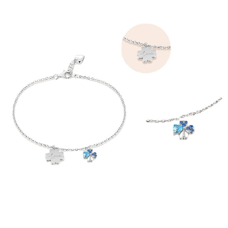 Double Four Leaf Clover with Blue Zircon Silver Bracelet for Women