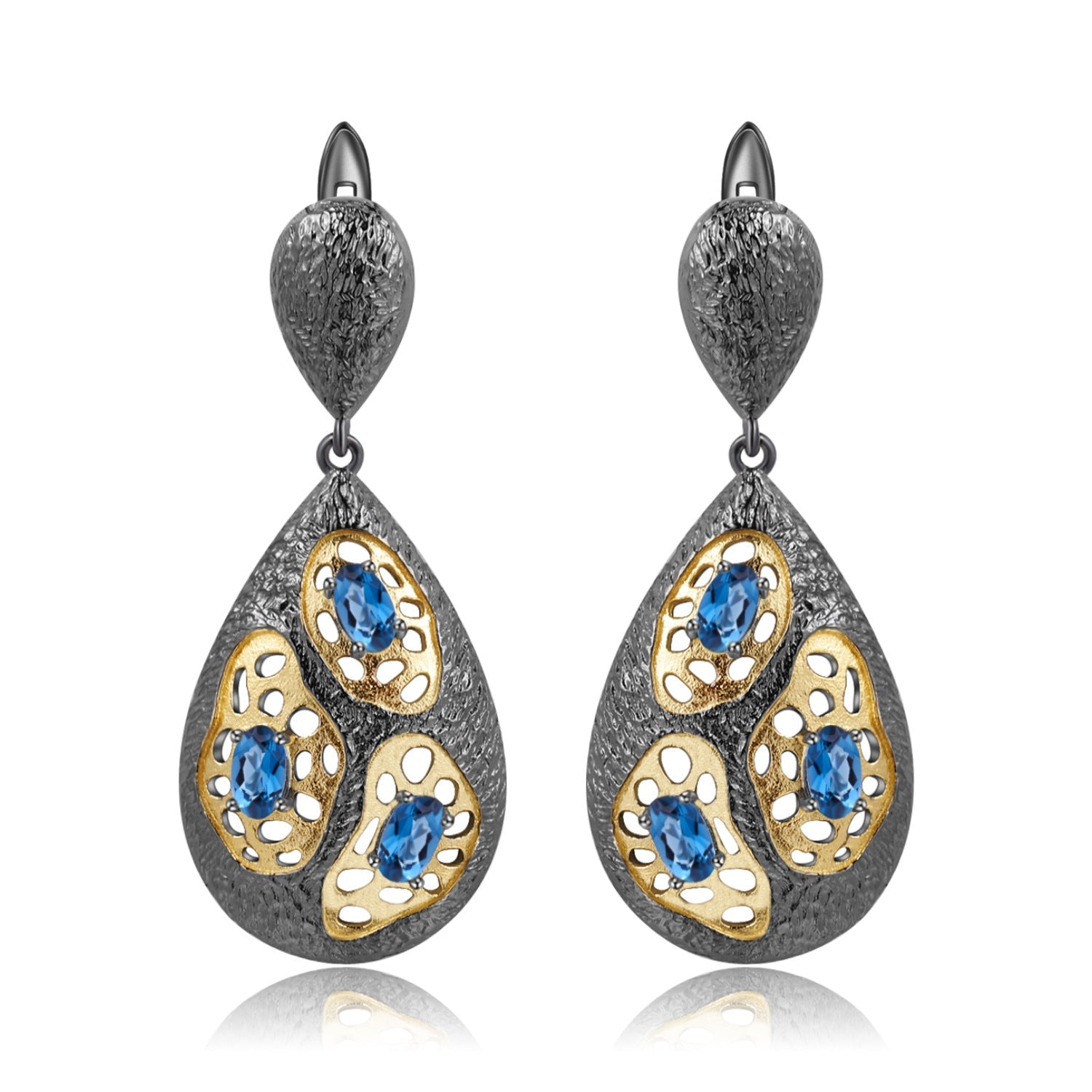 Italian Antique Style Inlaid Natural Colourful Gemstones Pear Drop Silver Earrings for Women