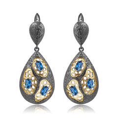 Italian Antique Style Inlaid Natural Colourful Gemstones Pear Drop Silver Earrings for Women