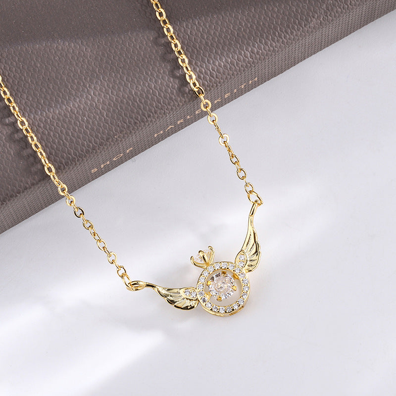 Angel Wing with Zircon Circle Pendant Silver Necklace for Women