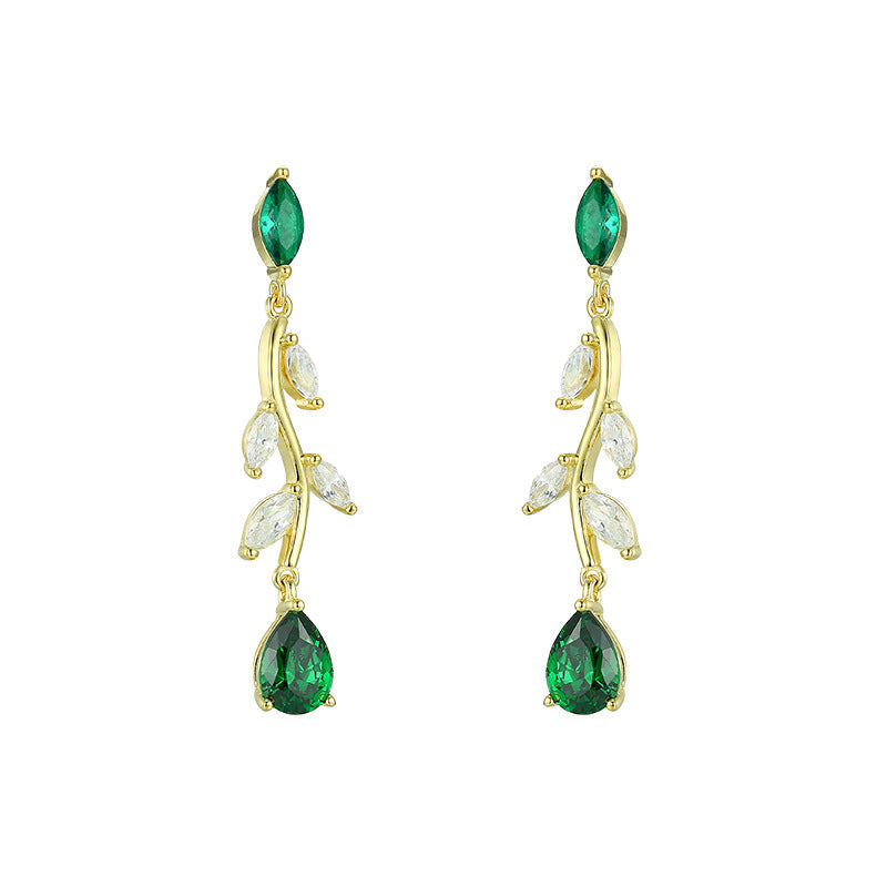 Green Zircon Vintage Branch Silver Drop Earrings for Women