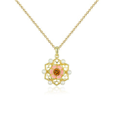 (Pendant Only) Lotus Pattern Series Yellow Zircon Enamel with Pearl Hollow Silver Pendant for Women