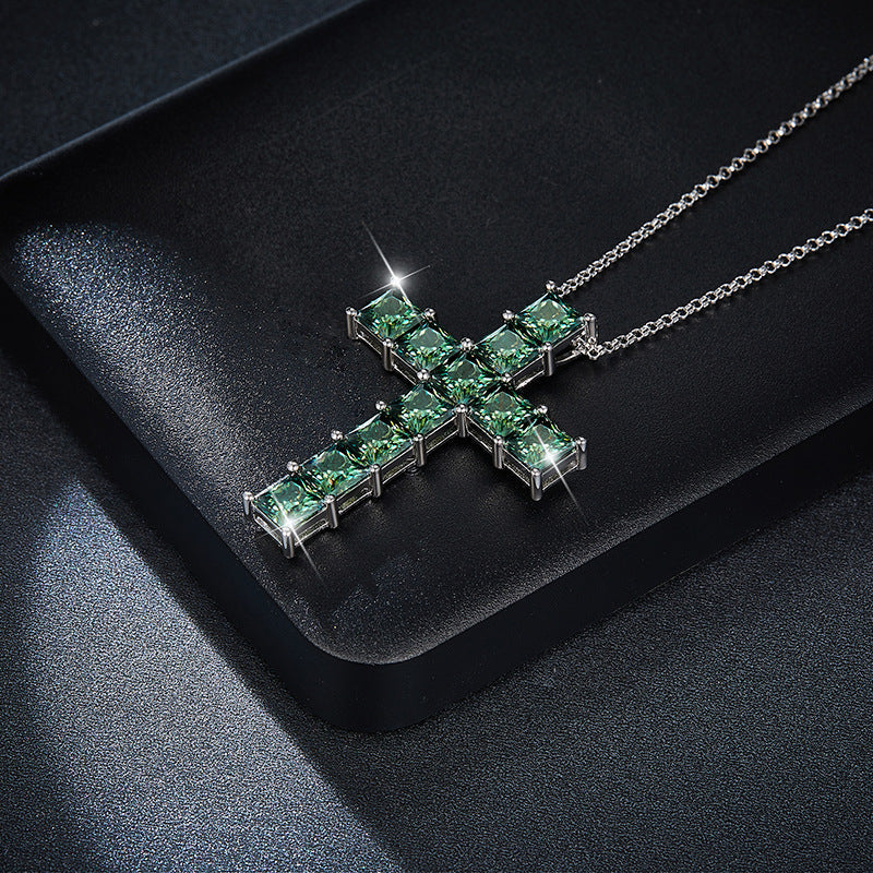 1.0 Carat Princess Cut Green Moissanite Cross Silver Necklace