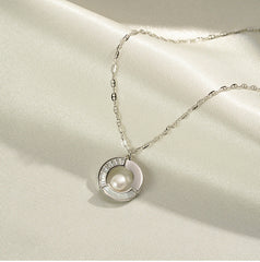 (Two Colours) White Zircon Circle Ring with Pearl Pendants Silver Collarbone Necklace for Women