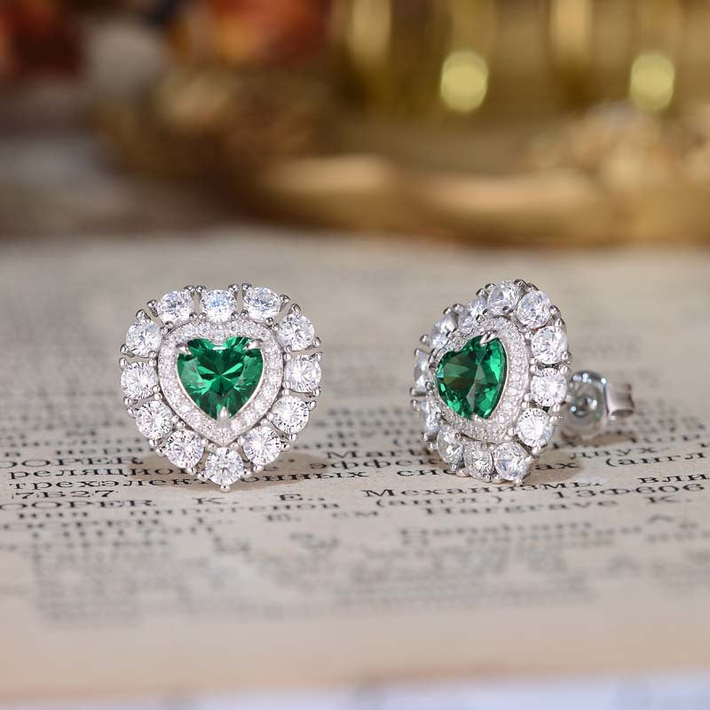 Halo Heart Shape Lab Created Emerald Studs