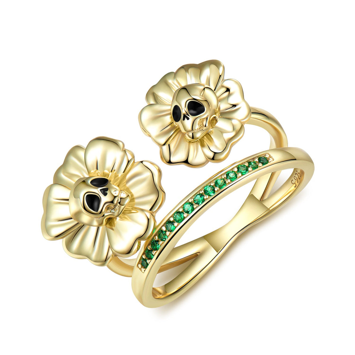 Halloween Golden Skull Head Sunflower Green Zircon Silver Ring