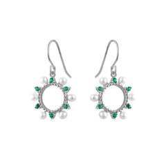 Hollow Circle with Green Zircon and Pearl Silver Drop Earrings for Women