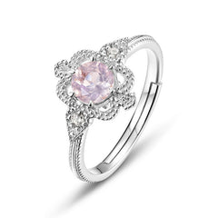 Round Cut Pink Crystal Vintage Flower Opening Silver Ring