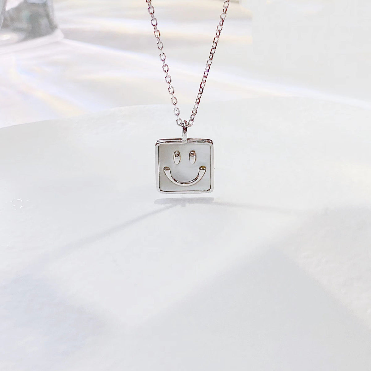 Smiley Face Square Pendant Silver Necklace for Women