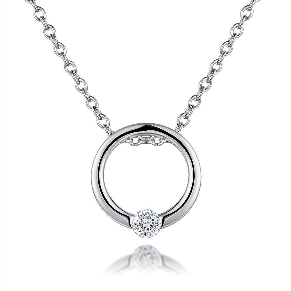 Round Zircon Hollow Circle Pendant Silver Necklace for Women